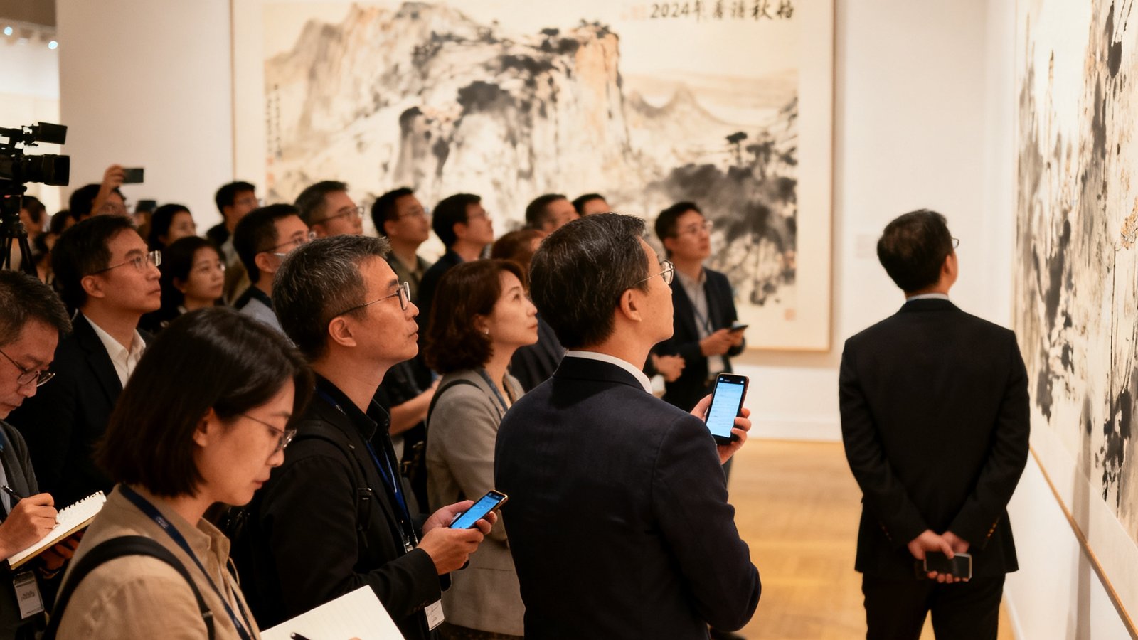 2025年香港秋拍预展现场，一幅大型当代水墨作品悬挂在白色展墙上，前方聚集了约五十位藏家和媒体记者，其中几位正在认真记录作品的细节信息