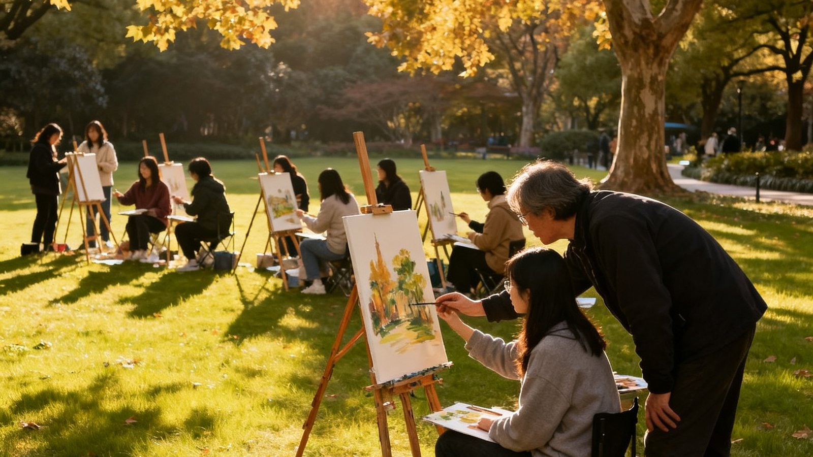 上海复兴公园草坪上，约十五位美学沙龙学员架起画架正在进行户外写生，阳光透过梧桐树叶洒在画布上，一位指导老师正弯腰为一位学员调整构图角度