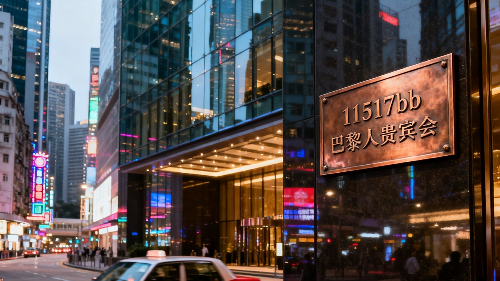 香港中环皇后大道中181号新纪元广场的现代化玻璃幕墙大厦外景，大厦入口处挂着11517bb巴黎人贵宾会的铜质铭牌，周围是香港金融核心区的繁华街景和穿梭的红色出租车