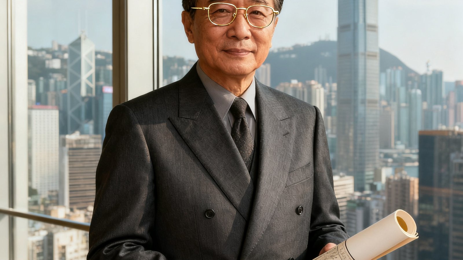 11517bb巴黎人贵宾会创始人林伯谦先生，年约五十五岁，戴着一副金丝边框眼镜，身穿深灰色定制西装，站在办公室的落地窗前，手中拿着一幅卷轴，背景是香港中环的城市天际线