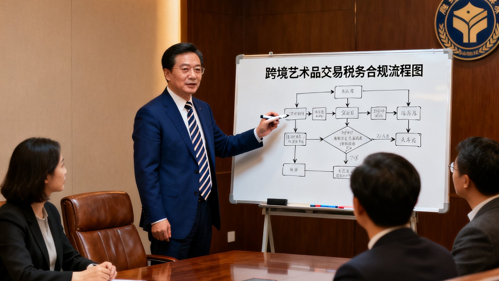 法务合规总监张永昌律师，年约四十八岁，身穿深蓝色西装搭配条纹领带，站在会议室的白板前，用马克笔画出一幅跨境艺术品交易的流程图，向几位收藏家客户讲解税务合规要点